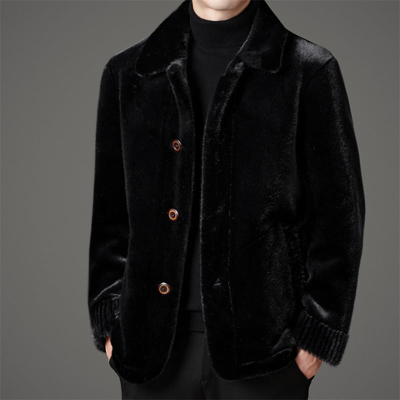 Men's Winter Middle-aged Lapel Golden Mink Leather Wool Coat