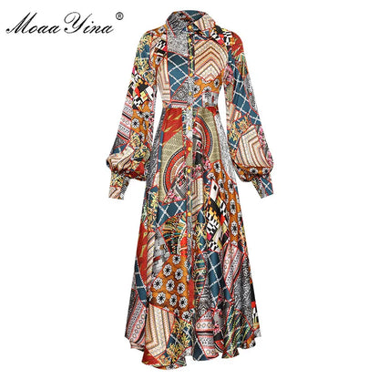 Moaa Yina Lapel Single Breasted Lantern Long Sleeve Vintage Print Dress