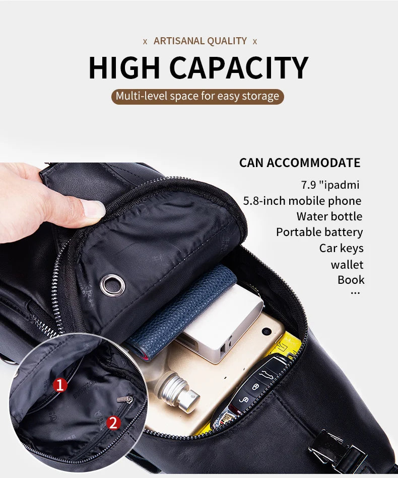 BULLCAPTAIN Genuine Leather Men's Fashion Style Chest Casual Business Large Capacity Straddle Bag