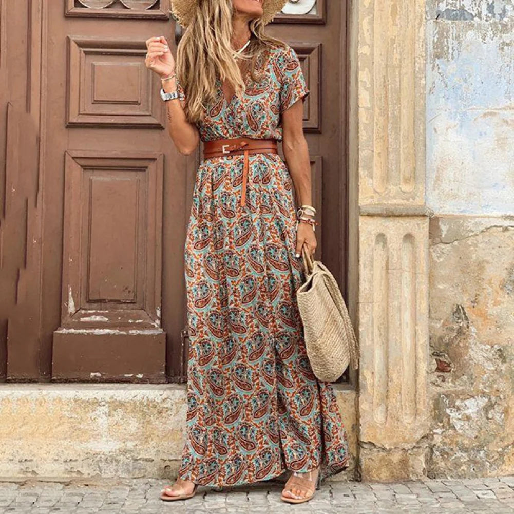 FUSIPU BOHEMIAN STYLE V NECK PAISLEY DRESS