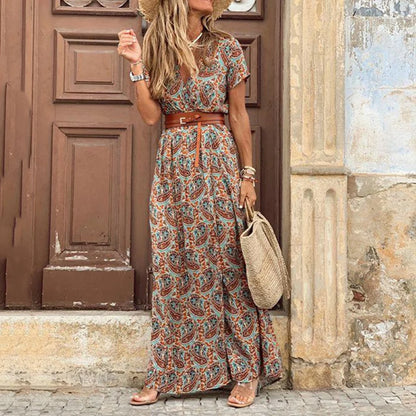 FUSIPU BOHEMIAN STYLE V NECK PAISLEY DRESS