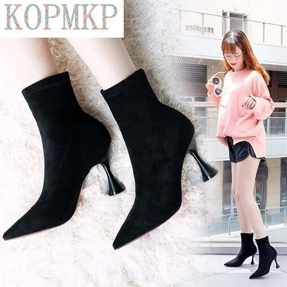 Fashion Women Ankle Soft Suede Slip-on Boots Pointed Toe High Heel Stiletto