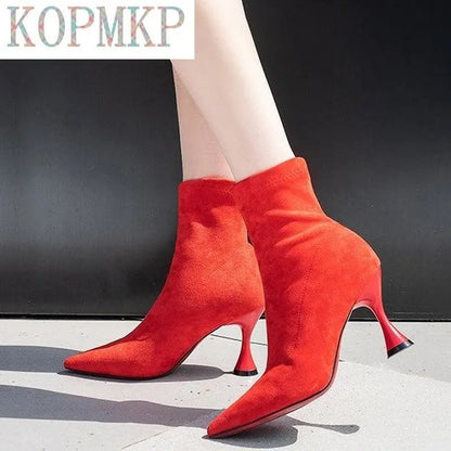 Fashion Women Ankle Soft Suede Slip-on Boots Pointed Toe High Heel Stiletto