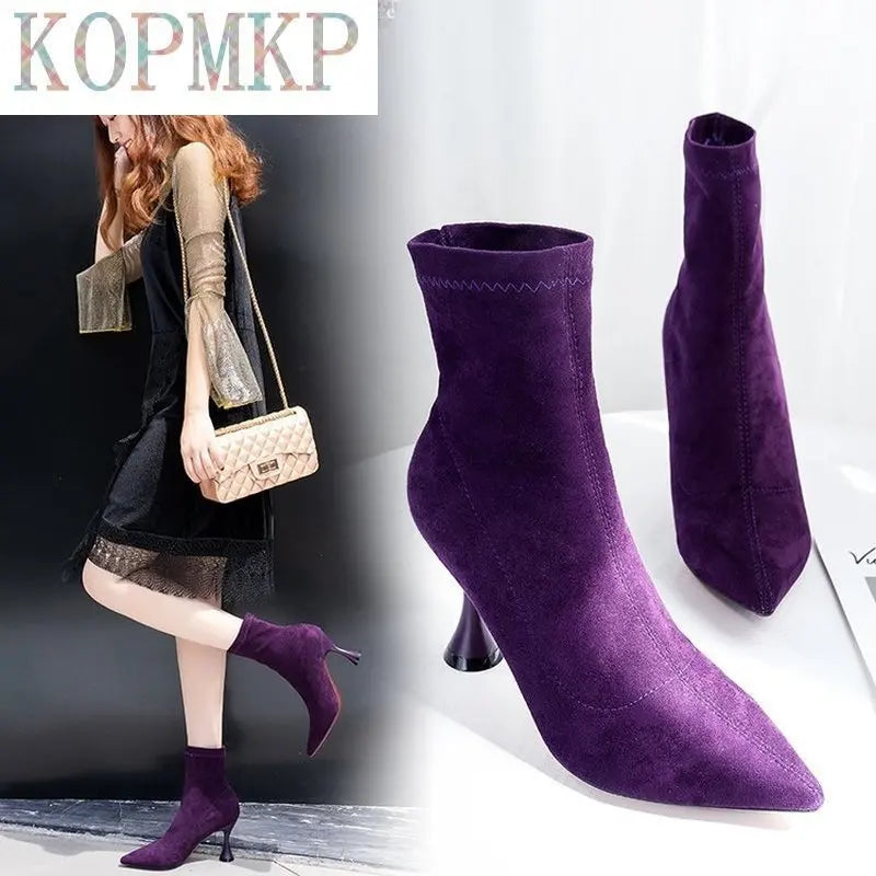 Fashion Women Ankle Soft Suede Slip-on Boots Pointed Toe High Heel Stiletto