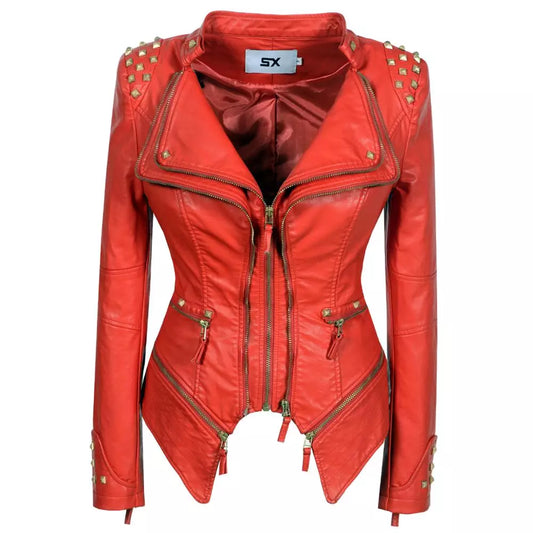 Women PU Faux Leather Rivet Jackets