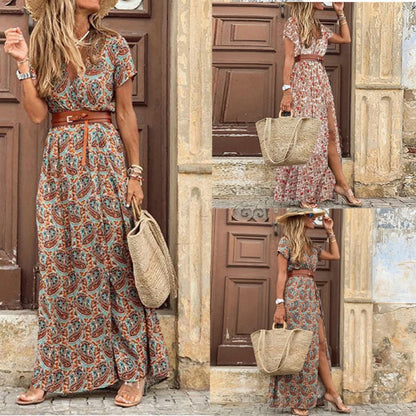 FUSIPU BOHEMIAN STYLE V NECK PAISLEY DRESS