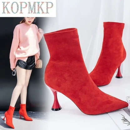 Fashion Women Ankle Soft Suede Slip-on Boots Pointed Toe High Heel Stiletto