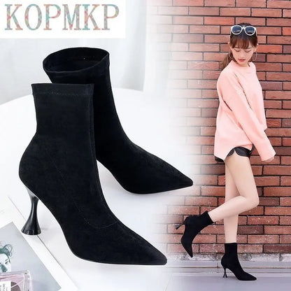 Fashion Women Ankle Soft Suede Slip-on Boots Pointed Toe High Heel Stiletto