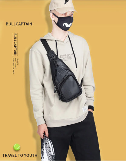 BULLCAPTAIN Genuine Leather Men's Fashion Style Chest Casual Business Large Capacity Straddle Bag