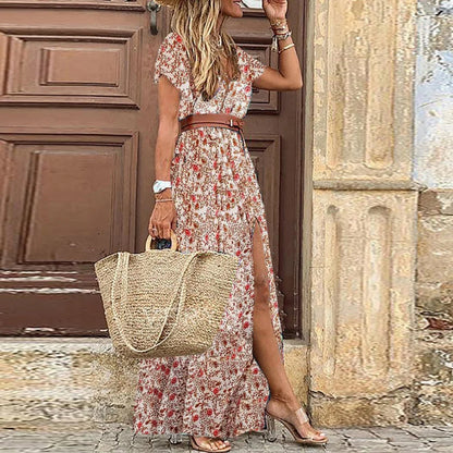 FUSIPU BOHEMIAN STYLE V NECK PAISLEY DRESS