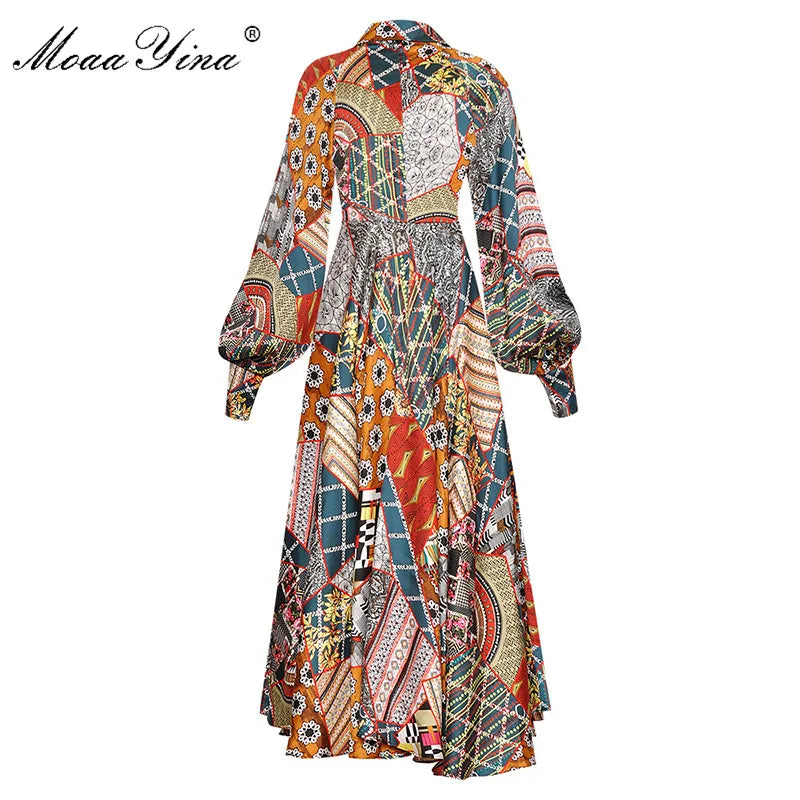 Moaa Yina Lapel Single Breasted Lantern Long Sleeve Vintage Print Dress