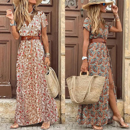 FUSIPU BOHEMIAN STYLE V NECK PAISLEY DRESS