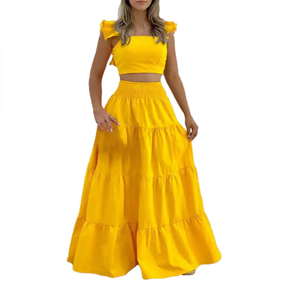 Women Bohemian Two-Piece Long Skirt with Cascading Ruffles  & Top