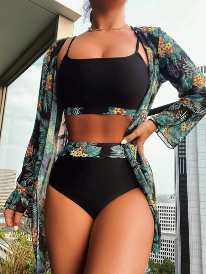 Bikini 3 Pieces Suit Black/Green/Red Bikini Sets With Long Sleeved Cover Ups