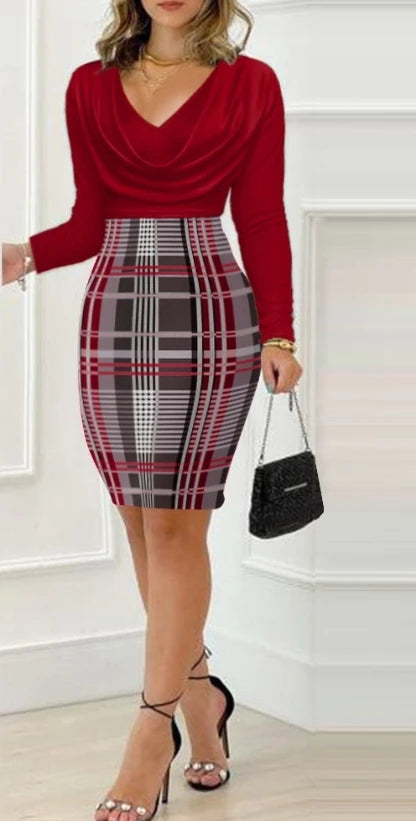 Slit Bodycon Dress Checkered Printed Half Skirt & Round Neck Slim Fit