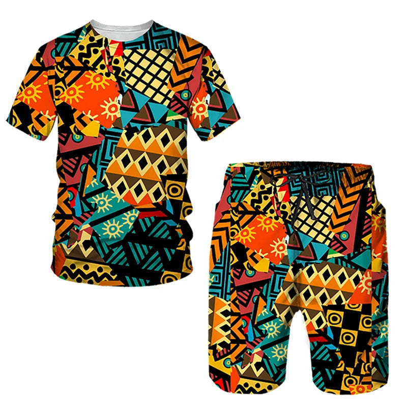 African Ethnic Style 3D Print T-Shirts & Shorts Sets For Men XIV