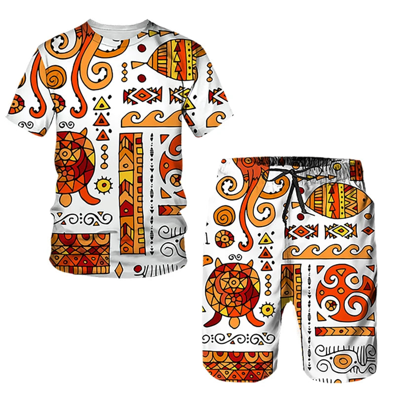 African Ethnic Style 3D Print T-Shirts & Shorts Sets For Men XIV