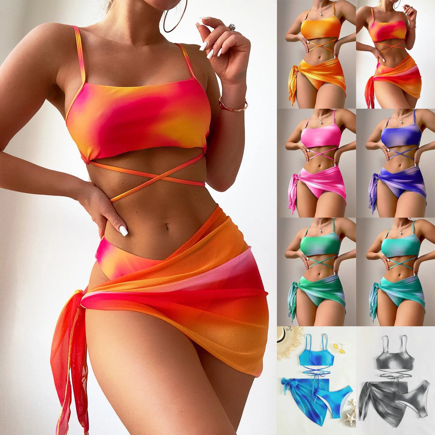 3-Piece Ombre Lace Up Bikini 2024 Swimsuit & Beachwear I