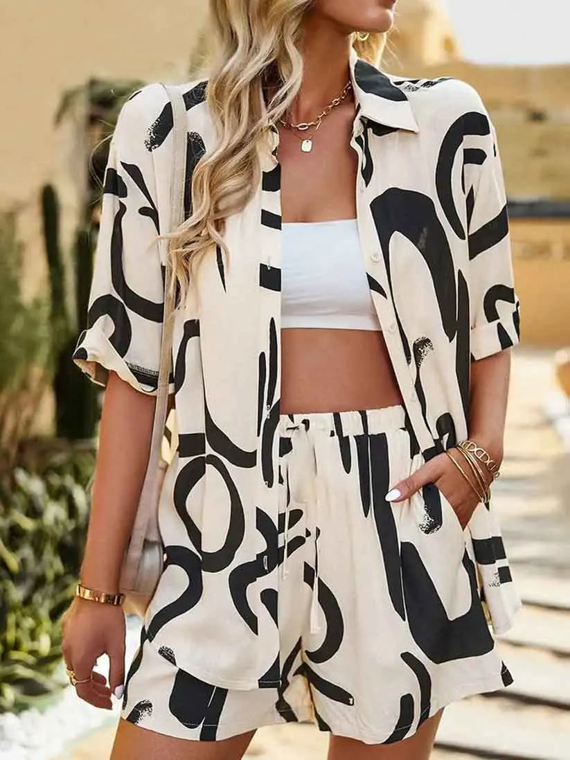 Bohemian Geometric Print Two Piece Loose Shirt & Shorts Set