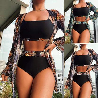 Bikini 3 Pieces Suit Black/Green/Red Bikini Sets With Long Sleeved Cover Ups