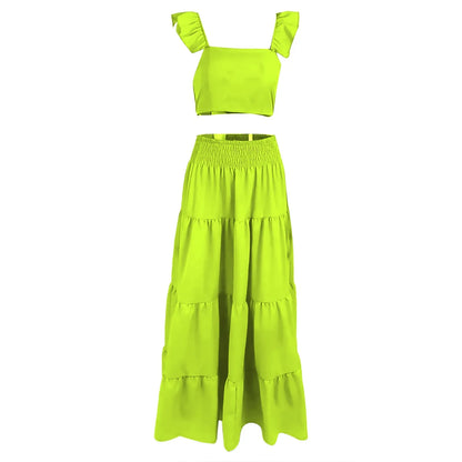 Women Bohemian Two-Piece Long Skirt with Cascading Ruffles  & Top