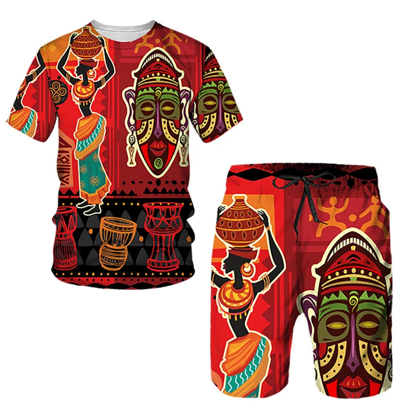 African Ethnic Style 3D Print T-Shirts & Shorts Sets For Men XIV