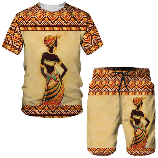 African Ethnic Fashion Style Street Outfits Men's Leisure Sports Shirt & Shorts I