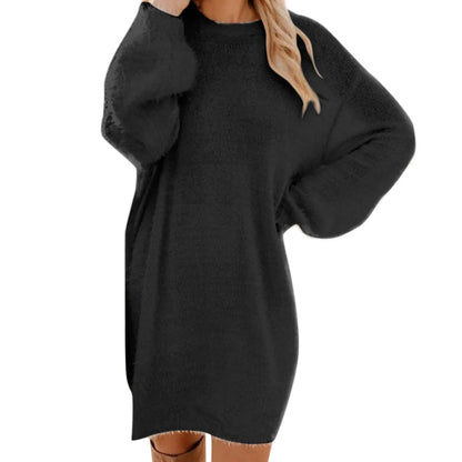 Winter Warm Women Sweater Dress 2024 New Knitted O Neck Fluffy Sweater Knee-Length Dress Furry Tops