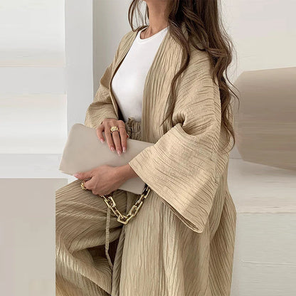 Elegant Female Loose Solid Color Pleated Texture Top & Straight Casual Pants Two-Piece Sets