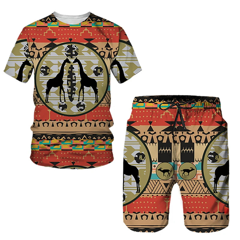 African Ethnic Style 3D Print T-Shirts & Shorts Sets For Men XIV