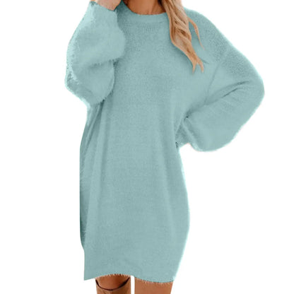 Winter Warm Women Sweater Dress 2024 New Knitted O Neck Fluffy Sweater Knee-Length Dress Furry Tops