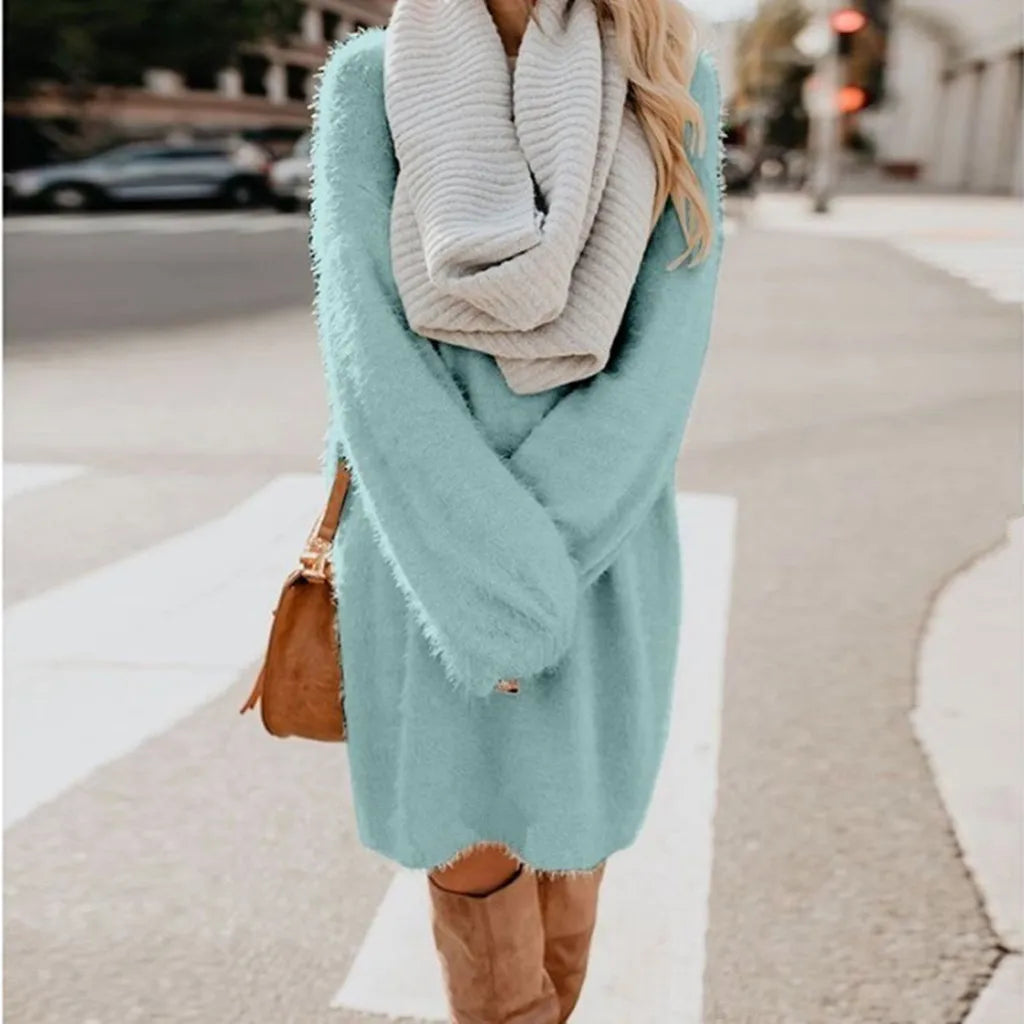 Winter Warm Women Sweater Dress 2024 New Knitted O Neck Fluffy Sweater Knee-Length Dress Furry Tops