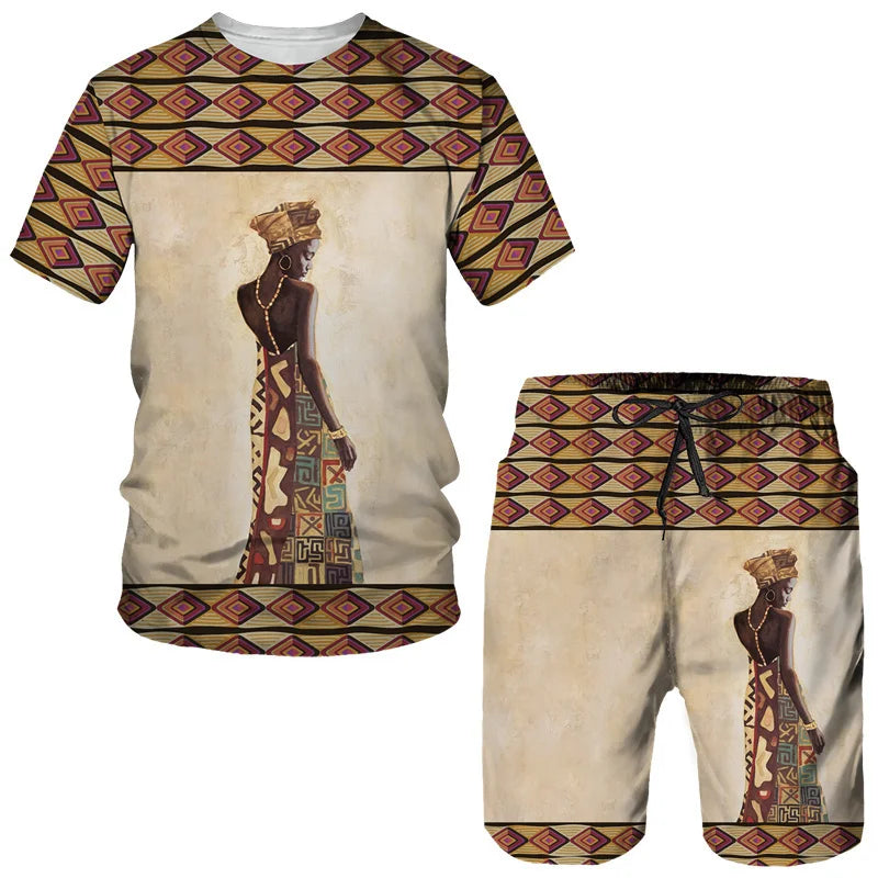 African Ethnic Fashion Style Street Outfits Men's Leisure Sports Shirt & Shorts I