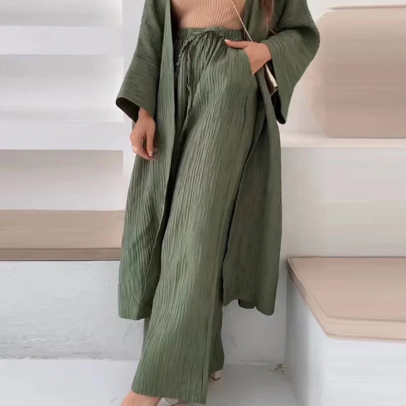 Elegant Female Loose Solid Color Pleated Texture Top & Straight Casual Pants Two-Piece Sets