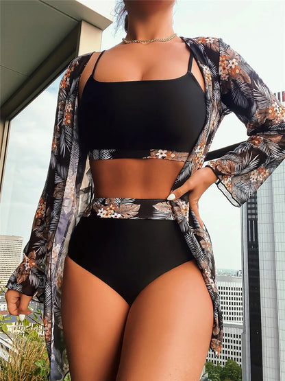 3-Piece High Waist Bikini Set & Long Sleeve Cover Up Swimsuit