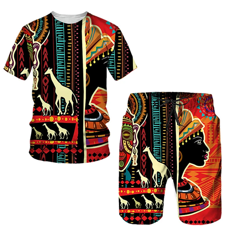 African Ethnic Style 3D Print T-Shirts & Shorts Sets For Men XIV