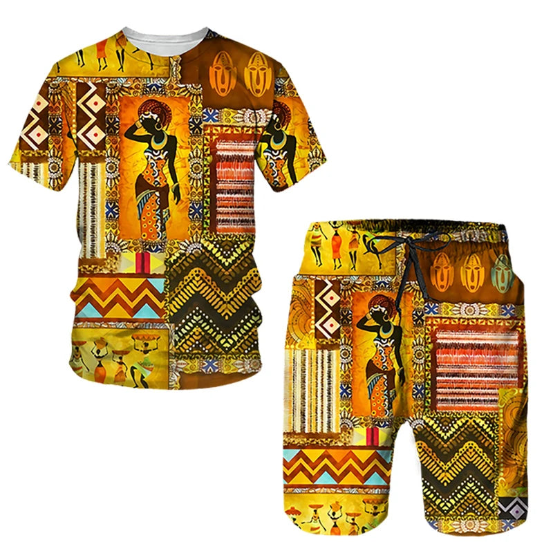 African Ethnic Style 3D Print T-Shirts & Shorts Sets For Men XIV