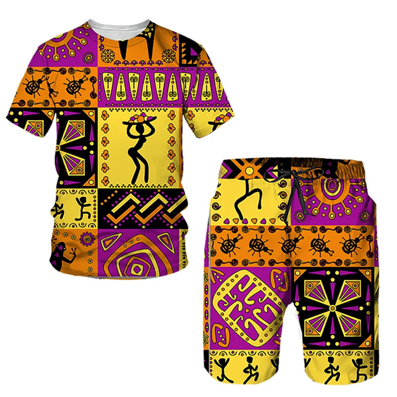 African Ethnic Style 3D Print T-Shirts & Shorts Sets For Men XIV