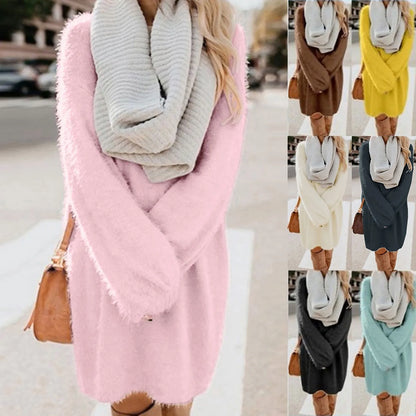 Winter Warm Women Sweater Dress 2024 New Knitted O Neck Fluffy Sweater Knee-Length Dress Furry Tops