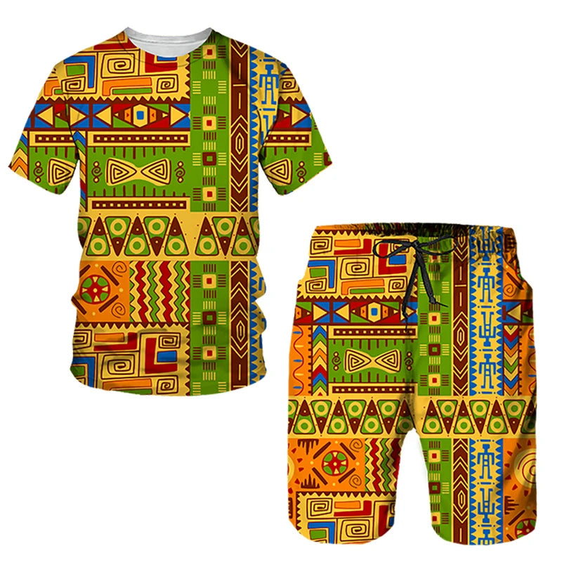 African Ethnic Style 3D Print T-Shirts & Shorts Sets For Men XIV