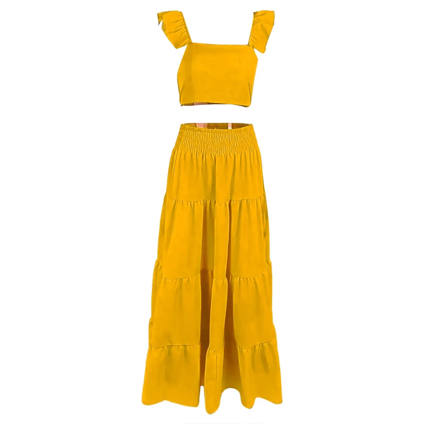 Women Bohemian Two-Piece Long Skirt with Cascading Ruffles  & Top