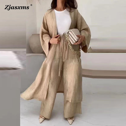 Elegant Female Loose Solid Color Pleated Texture Top & Straight Casual Pants Two-Piece Sets