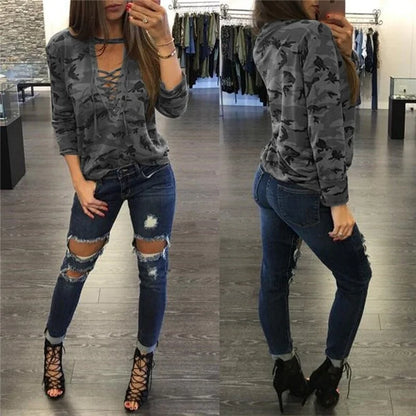 Women's Camouflage V-Neck Hooded Sweatshirt with Long Sleeves