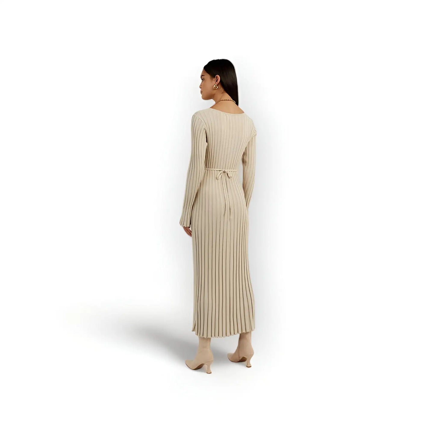 V-neck Sleeved Knit Midi Dress