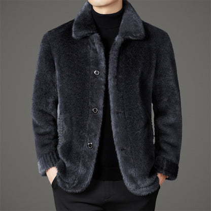 Men's Winter Middle-aged Lapel Golden Mink Leather Wool Coat