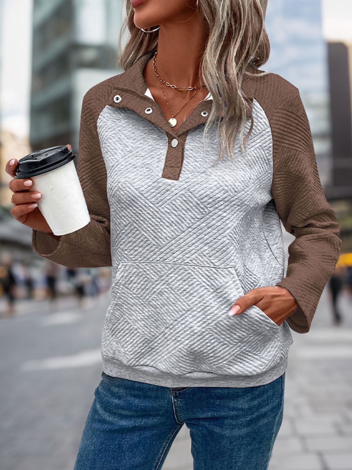 Perfee Contrast Textured Long Sleeve Sweatshirt