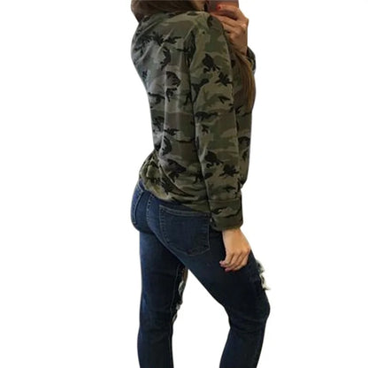 Women's Camouflage V-Neck Hooded Sweatshirt with Long Sleeves