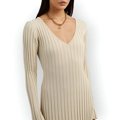 V-neck Sleeved Knit Midi Dress